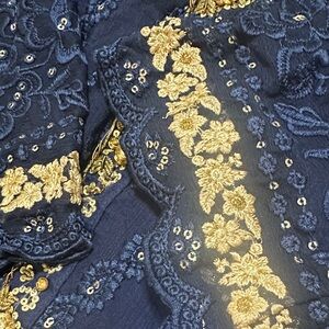 Elegant Navy and Gold Embroidered Fabric